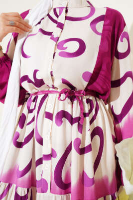 Düğmeli Desenli İp Kuşaklı Elbise Mor - Tesettür Elbise