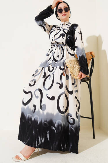 Düğmeli Desenli İp Kuşaklı Elbise Siyah - Elbise