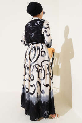 Düğmeli Desenli İp Kuşaklı Elbise Siyah - Tesettür Elbise