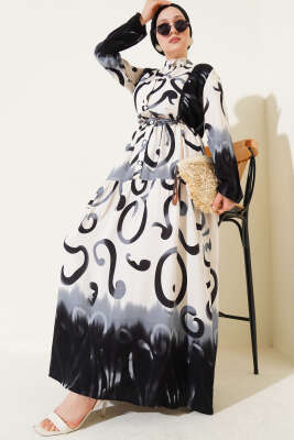 Düğmeli Desenli İp Kuşaklı Elbise Siyah 