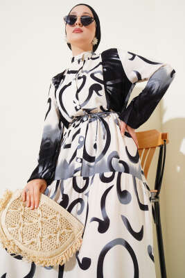 Düğmeli Desenli İp Kuşaklı Elbise Siyah - Tesettür Elbise