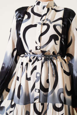 Düğmeli Desenli İp Kuşaklı Elbise Siyah - Tesettür Elbise