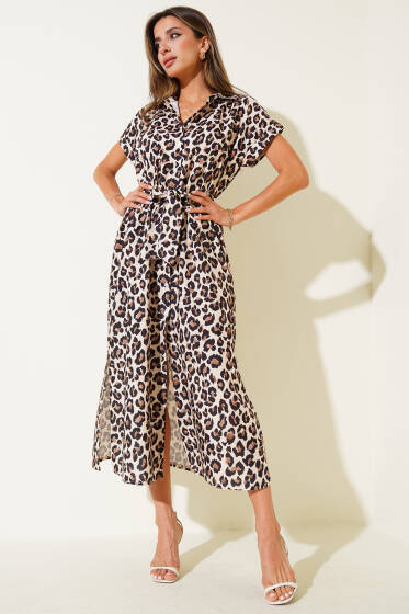 Düğmeli Desenli Midi Elbise Leopar - Kadın Giyim Modelleri