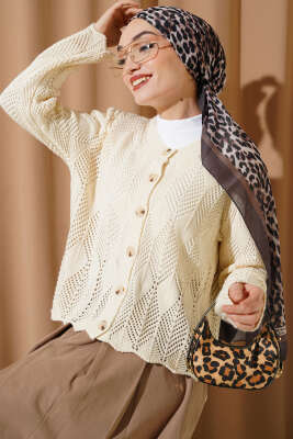 Düğmeli Desenli Triko Kısa Ajur Hırka Bej - VANİZA TRİKO