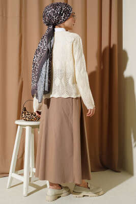 Düğmeli Desenli Triko Kısa Ajur Hırka Bej - Yılın Fırsatı