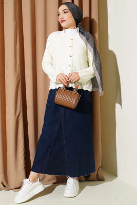 Düğmeli Desenli Triko Kısa Ajur Hırka Ekru - Hırka