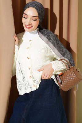 Düğmeli Desenli Triko Kısa Ajur Hırka Ekru - VANİZA TRİKO