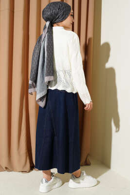 Düğmeli Desenli Triko Kısa Ajur Hırka Ekru - Yılın Fırsatı