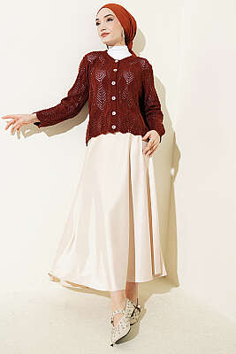 Düğmeli Desenli Triko Kısa Ajur Hırka Kiremit - Hırka