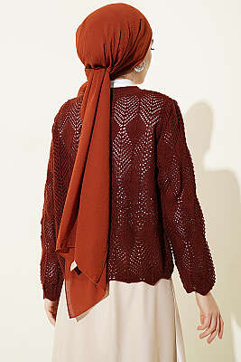 Düğmeli Desenli Triko Kısa Ajur Hırka Kiremit - Hırka