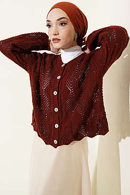 Düğmeli Desenli Triko Kısa Ajur Hırka Kiremit - VANİZA TRİKO