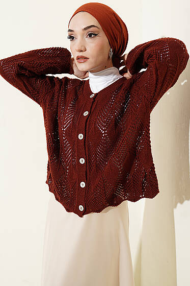 Düğmeli Desenli Triko Kısa Ajur Hırka Kiremit - Yılın Fırsatı