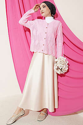 Düğmeli Desenli Triko Kısa Ajur Hırka Pembe - Hırka