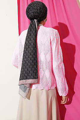 Düğmeli Desenli Triko Kısa Ajur Hırka Pembe - Hırka