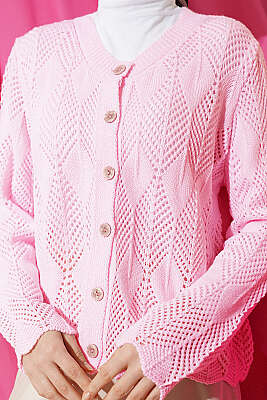 Düğmeli Desenli Triko Kısa Ajur Hırka Pembe - Hırka