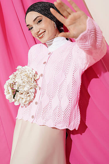 Düğmeli Desenli Triko Kısa Ajur Hırka Pembe - Yılın Fırsatı