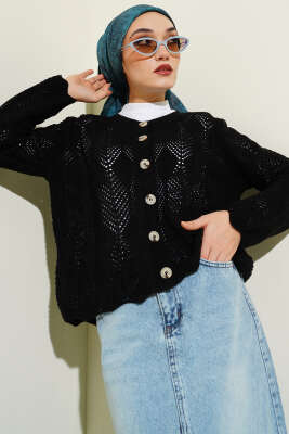 Düğmeli Desenli Triko Kısa Ajur Hırka Siyah - VANİZA TRİKO