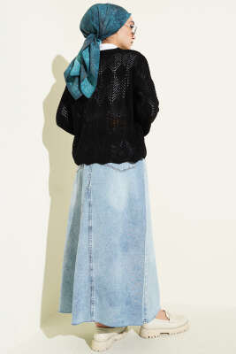 Düğmeli Desenli Triko Kısa Ajur Hırka Siyah - Hırka