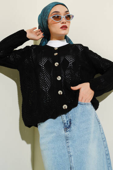 Düğmeli Desenli Triko Kısa Ajur Hırka Siyah - Yılın Fırsatı