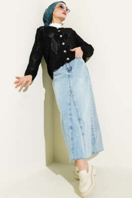 Düğmeli Desenli Triko Kısa Ajur Hırka Siyah - Yılın Fırsatı