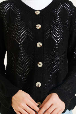 Düğmeli Desenli Triko Kısa Ajur Hırka Siyah - Yılın Fırsatı