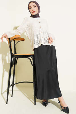 Düğmeli Desenli Triko Kısa Ajur Hırka Taş - Hırka