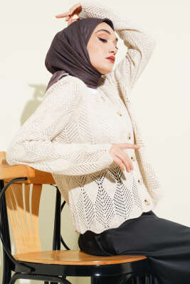 Düğmeli Desenli Triko Kısa Ajur Hırka Taş - VANİZA TRİKO