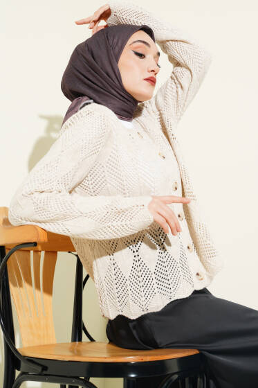 Düğmeli Desenli Triko Kısa Ajur Hırka Taş - Yılın Fırsatı