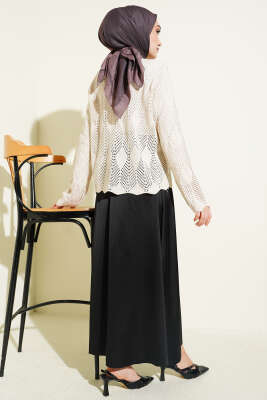 Düğmeli Desenli Triko Kısa Ajur Hırka Taş - Yılın Fırsatı