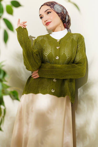 Düğmeli Desenli Triko Kısa Ajur Hırka Yeşil - Hırka