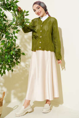 Düğmeli Desenli Triko Kısa Ajur Hırka Yeşil - Hırka