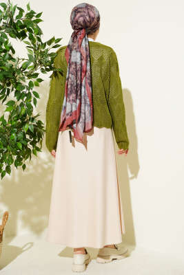 Düğmeli Desenli Triko Kısa Ajur Hırka Yeşil - Yılın Fırsatı