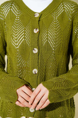 Düğmeli Desenli Triko Kısa Ajur Hırka Yeşil - Yılın Fırsatı