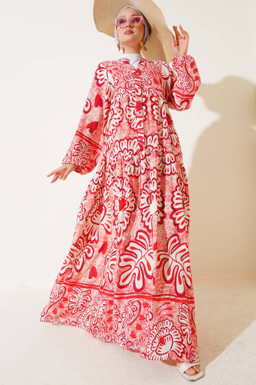 Düğmeli Desenli Viskon Elbise Bordo - Elbise