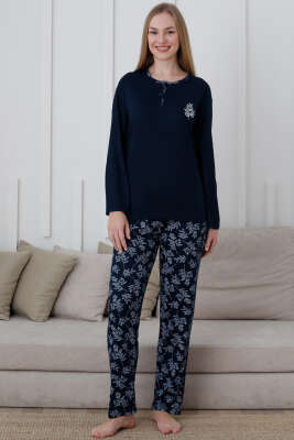 Düğmeli Desenli Viskon Pijama Takımı Lacivert - Pijama