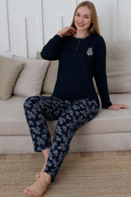 Düğmeli Desenli Viskon Pijama Takımı Lacivert 