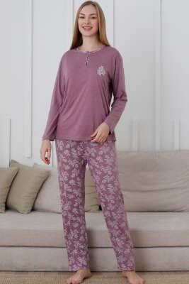 Düğmeli Desenli Viskon Pijama Takımı Leylak - Pijama