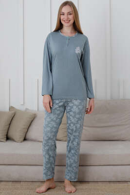 Düğmeli Desenli Viskon Pijama Takımı Mint 