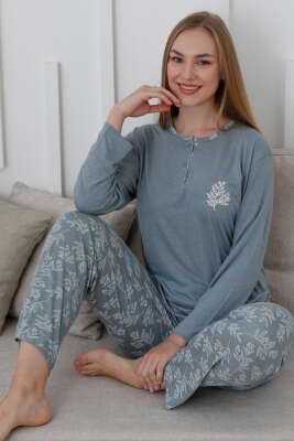 Düğmeli Desenli Viskon Pijama Takımı Mint - Pijama