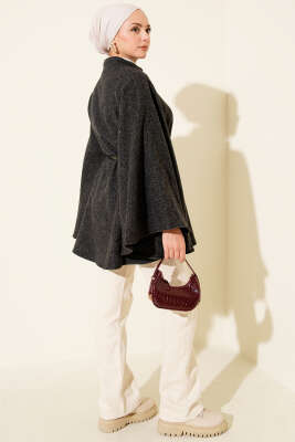 Düğmeli Dik Yaka Kemerli Kaşe Panço Antrasit - Panço