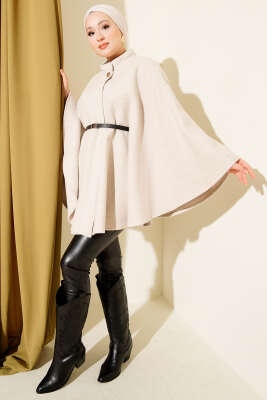 Düğmeli Dik Yaka Kemerli Kaşe Panço Bej - Panço