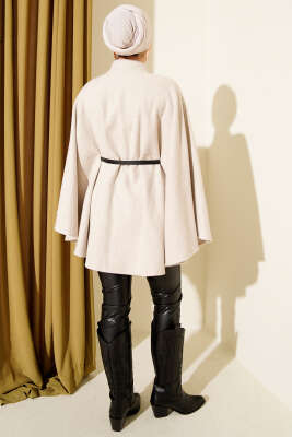 Düğmeli Dik Yaka Kemerli Kaşe Panço Bej - Panço