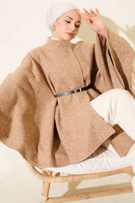 Düğmeli Dik Yaka Kemerli Kaşe Panço Latte - ELİVA