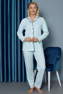 Düğmeli Dikey Şeritli Pijama Takımı Mavi - Thumbnail