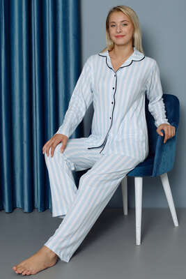 Düğmeli Dikey Şeritli Pijama Takımı Mint - Thumbnail