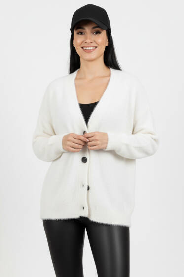 Düğmeli Düşük Omuz Yumoş Triko Hırka Ekru - Kadın Giyim Modelleri