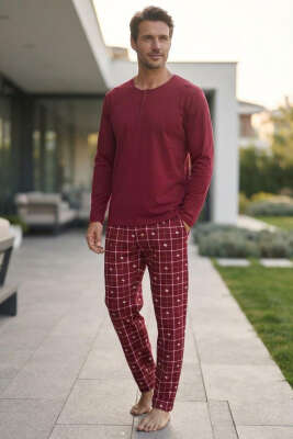 Düğmeli Ekose Desenli Erkek Pijama Takımı Bordo - GLİSA