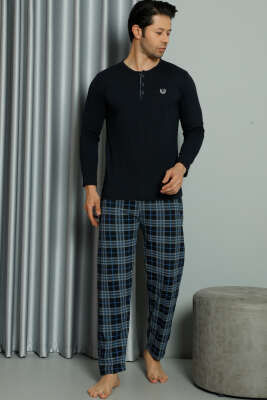 Düğmeli Ekoseli Uzun Kol Erkek Pijama Takım Lacivert - Kadın Pijama Takımı