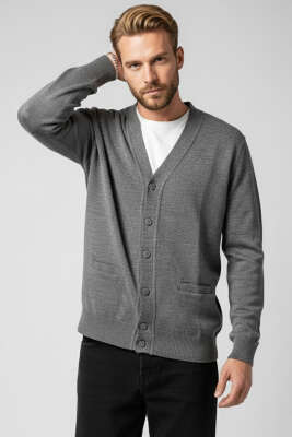 Düğmeli Erkek Triko Hırka Antrasit - ASRIN TRİKO