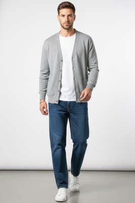 Düğmeli Erkek Triko Hırka Gri - Erkek Hırka